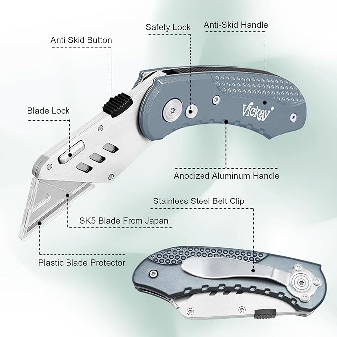 Vickay Folding Utility Knife, Box Cutter with Heavy Duty SK5 Quick Change Blades, Safety Axis Lock Design Razor Knife, Lightweight Aluminum Handle Belt Clip for Office Home Artcraft (Grey)