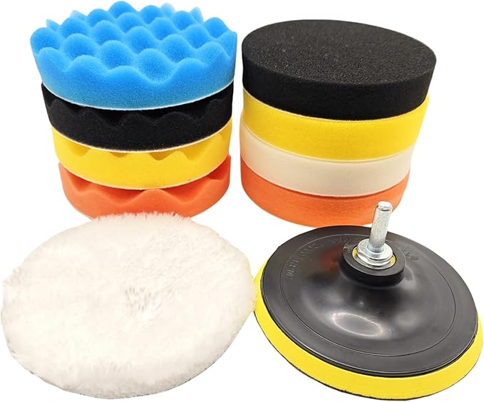10Pcs 3Inch Face Backing Plate Compound Buffing Polishing Sponge Pads Waffle Foam Buffing Polishing Pads Kit with Woolen Cutting Pad and 3Inch Backing Plate M10 Drill Adapter