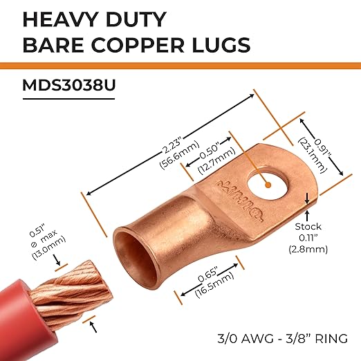 SELTERM 2pcs 3/0 AWG 3/8" Stud Copper Wire Lugs, Battery Lugs, Ring Terminals, Battery Cable Ends, 000 Gauge Ring Terminal Connectors, UL Heavy Duty Bare Copper Eyelets Battery Terminal Connectors