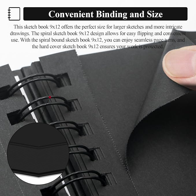 SuFly Black Paper Notebook, 60 Sheets Spiral Bound Sketch Book 9x12, - Image 4