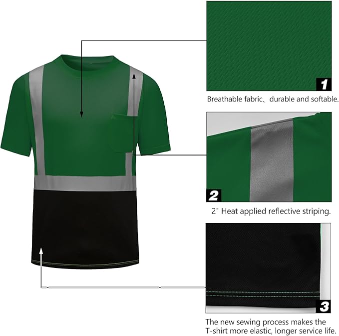 High Visibility Shirts Quick Dry Safety T Shirts with Reflective Strips and Pocket Short Sleeve Mesh Hi Vis Construction Work Class 2 Shirt for Men/Women Black Bottom Green,Medium