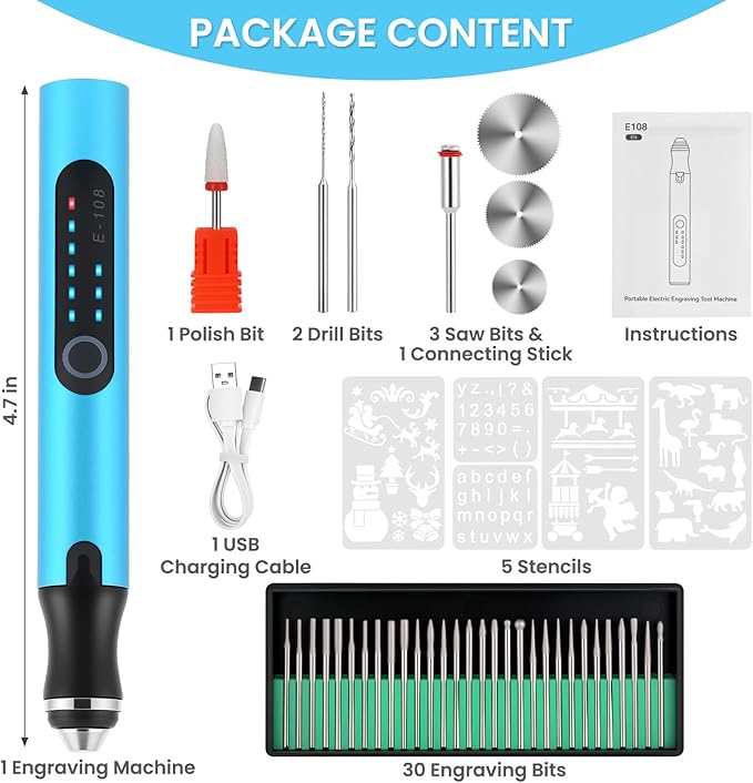 Electric Engraving Pen with 37 Bits, USB Rechargeable Cordless Etching Engraving Tool, Portable DIY Rotary Engraver for Jewelry Wood Glass Stone Carving (Blue)