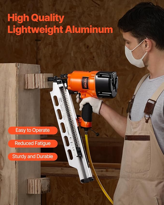VEVOR Framing Nailer, 80-120PSI Air Nail Gun, 2" to 3-1/2" 21 Degree Full Round Head Pneumatic Framing Nailer with Tool-Less Depth Adjustment & Dual Trigger Modes, Ideal for Framing Decking Flooring