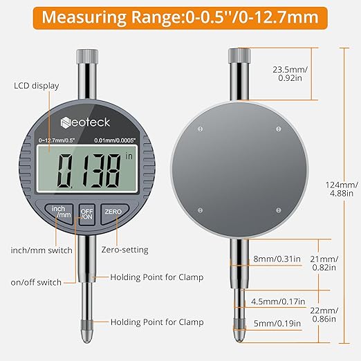 Neoteck 1.4-6"/0.0005" Digital Indicator Bore Gauge Set with 15PCS Anvils 6" Measuring Depth Dial Bore Gauge with ABS Storage Box for Engine Cylinder Measurement