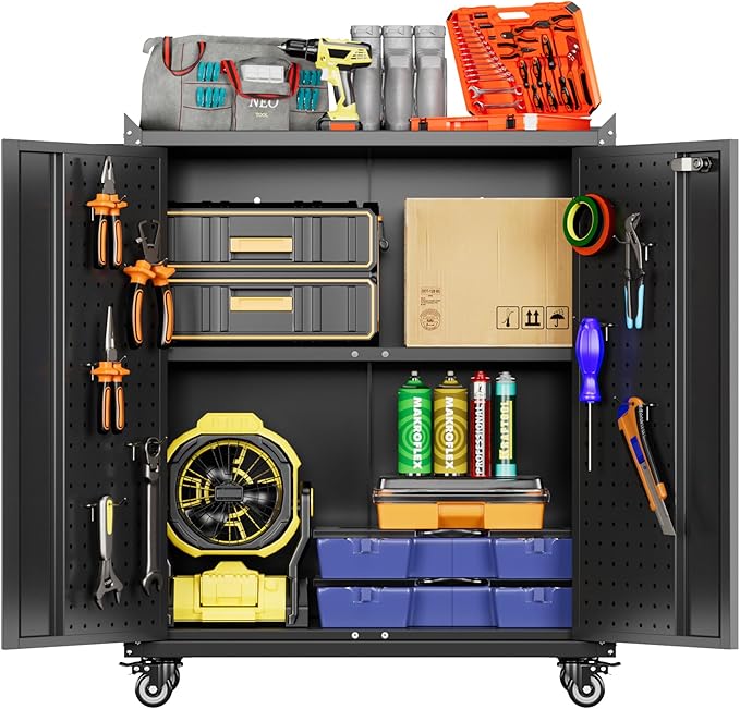 34.3" H*13.8" D*26" W Metal Garage Storage Cabinet on Wheels, Steel Rolling Tool Cabinet with Doors,Pegboard and Adjustable Shelf for Home Office Garage, Assembly Required,Black