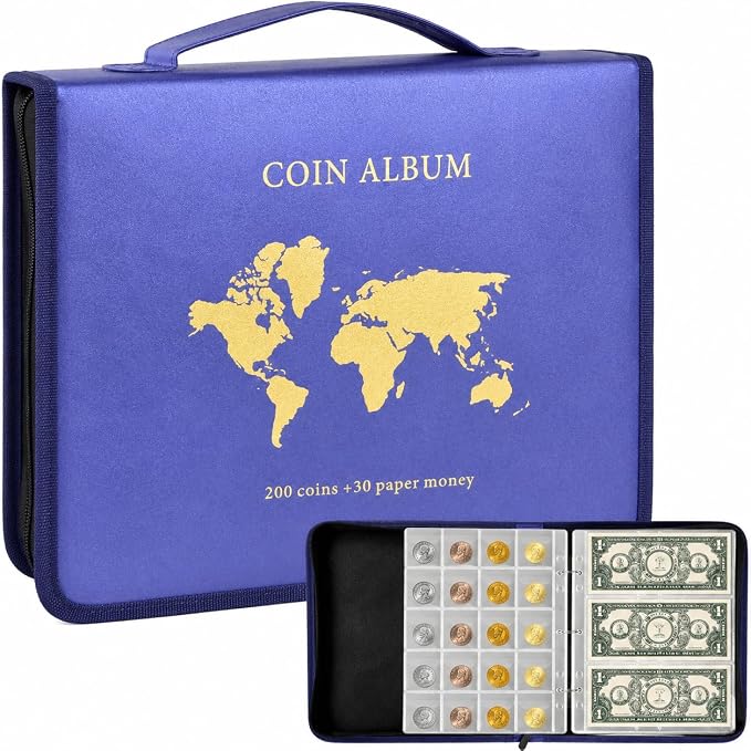 ANKHOH Zippered Coin Collection Book, 200 Pockets and 30 Bill Sleeves | PU by Ankhohstoragehardcase