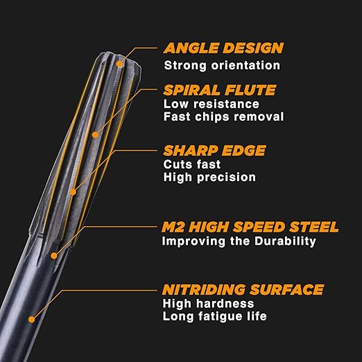 M2 High Speed Steel Premium Chucking Reamer Set, 7 pcs Fractional Sizes 1/8" Thru 1/2", Spiral Flute, Enlarge, Smooth and Finishing Holes
