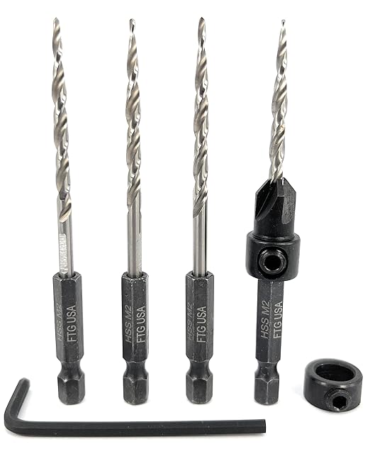 FTG USA Adjustable Wood Countersink Drill Bit #6 (9/64") with 3 Tapered Drill Bits for Woodworking
