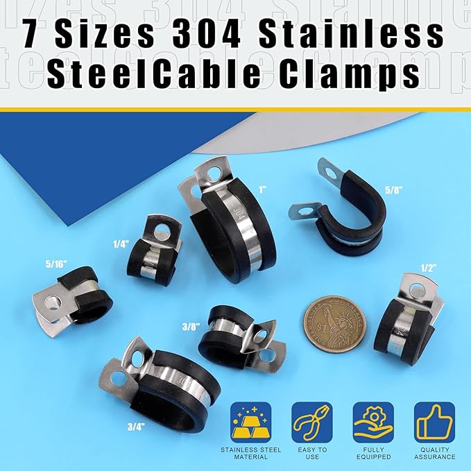 Glarks 26Pcs 1/4'' 304 Stainless Steel Cable Clamps, Rubber Cushioned Insulated Clamps Hose Clamps Loop Clamps Pipe Clamps Metal Clamps Set for Tube, Pipe or Wire Cord Installation