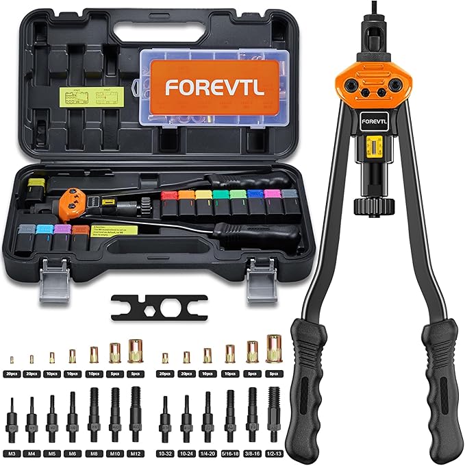 Rivet Nut Tool Kit - FOREVTL 16" Rivnut Tool Kit with 13 Metric and SAE Mandrels, 150 PCS Rivet Nut Assortment Kit, Rugged Carrying Case