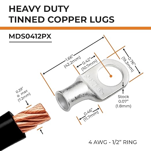 SELTERM 2pcs 4 AWG-1/2 Stud Tinned Copper Wire Lugs, Heavy Duty Battery Cable Ends,4 Guage Ring Terminals, UL Battery Lugs Marine Grade Copper Eyelets Electrical Battery Terminal Connectors