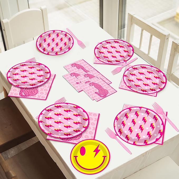 100 Pcs Preppy Party Plates Napkins Forks Supplies Set Smile Face Disposable - Image 6