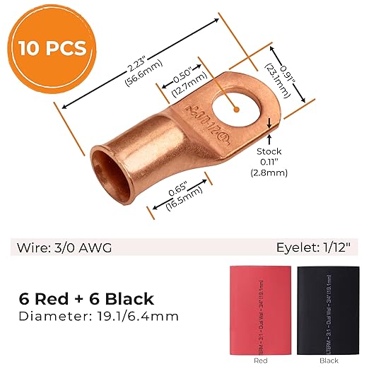 SELTERM 10pcs - 3/0 Awg - 1/2" Stud - Battery Lugs - Ring Terminal Connectors | with 12pcs 3:1 Black & Red Heat Shrink Tubing with Adhesive | Heavy Duty Battery Cable Ends - Bare Copper Wire Lugs Kit