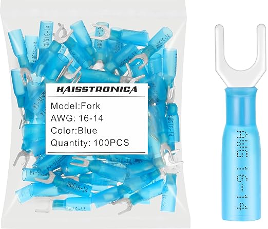 haisstronica 100pcs #10 Blue Heat Shrink Fork Connectors,16-14 Gauge Insulated Electrical Crimp Wire Terminals