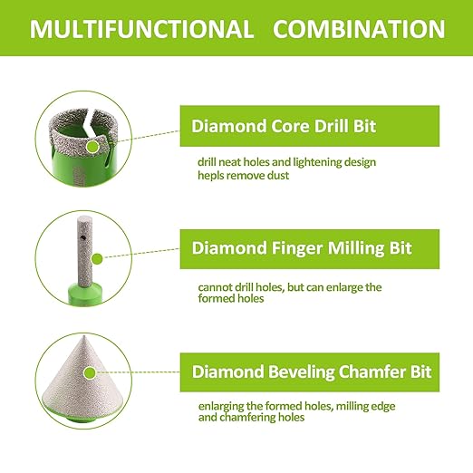 Diamond Core Drill Bits Set - 10pcs Tile Hole Saw Kit 6/8/10/25/35/50/65mm with 2" Diamond Beveling Chamfer Bits for Porcelain Ceramic Tile Granite Marble