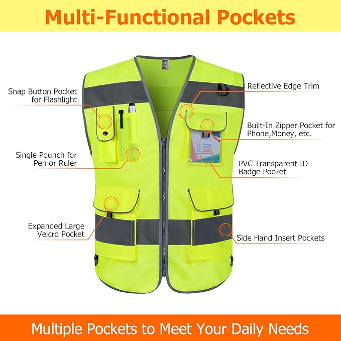 TCCFCCT Safety Vest 9 Pockets High Visibility Reflective Safety Vest for Men Women, Hi Vis Work Vest with Reflective Strips, Meets ANSI/ISEA Standards, (Yellow, 3X-Large)