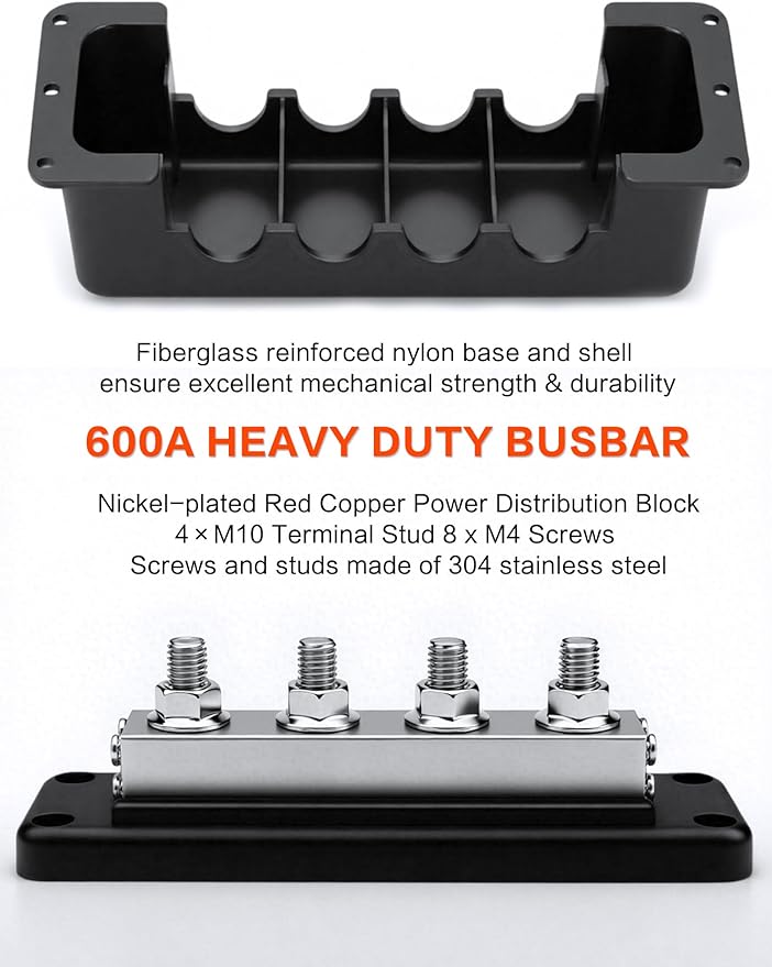 600A Heavy-Duty Bus Bar Nickel Plated Copper Distribution Terminal Block with Cover 4 M10 (3/8 in) Studs & 8 Screws Buss Bar for Solar RV Marine Car Audio 12-48V DC Battery System