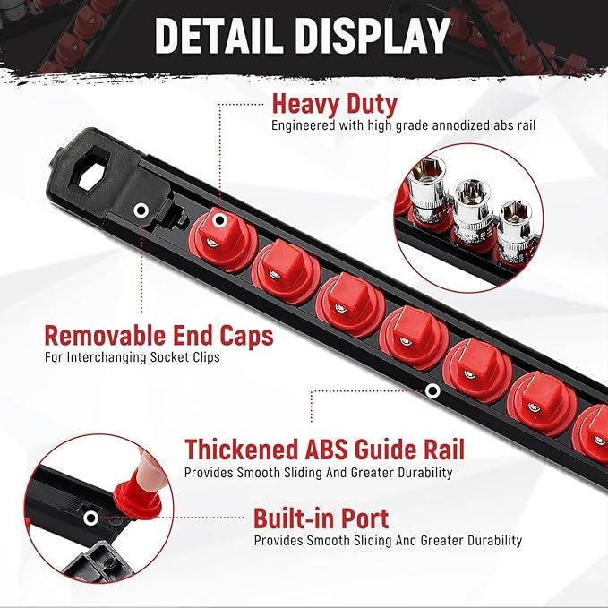 Magnetic Socket Organizer, 3-Piece Heavty Duty ABS Socket Holder, Socket Rail for Tool Box, Premium Quality 360° Swivel Socket Rack with 42 Clips for 3/8-Inch(Red)