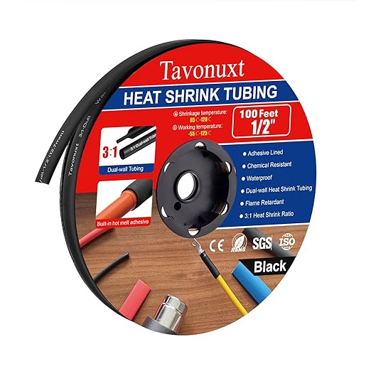 1/2" 100ft 3:1 Heat Shrink Tubing with Adhesive Lining - Marine Grade, Ideal for Home, Automotive, and Industrial Use - Black