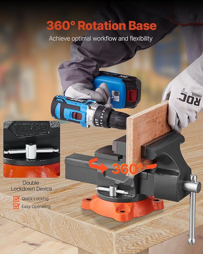 VEVOR Bench Vise, 5.5" Jaw Width, 5.5" Max Jaw Opening Multipurpose Vise with 360° Swivel Locking Base, 2.8" Throat Depth, Heavy Duty Ductile Iron Workbench Vise, Two-Way Jaws for Clamping Round Pipes