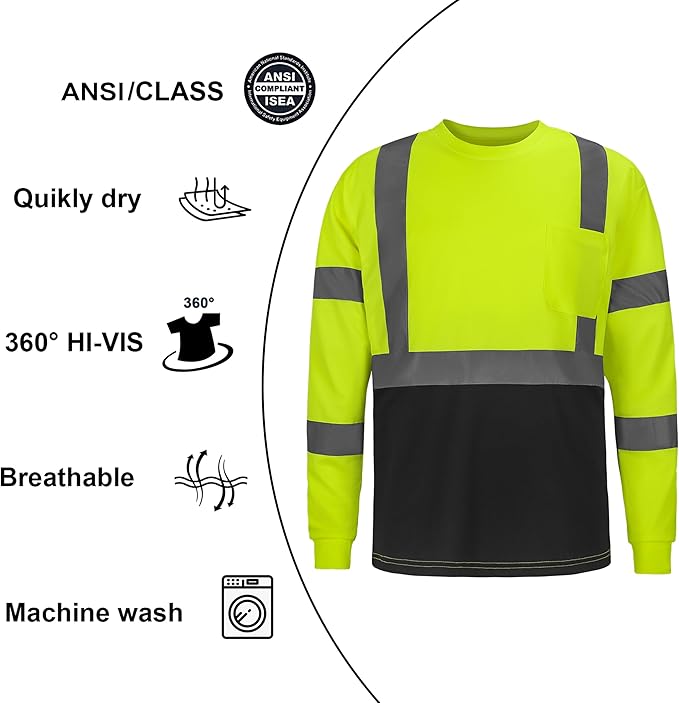 High Visibility Class 3 T Shirts，Hi Vis Safety Shirts with Reflective Strips and Pocket, Long Sleeve Quick Dry Mesh Construction Work Shirt for Men/Women Black Bottom Lime，XL