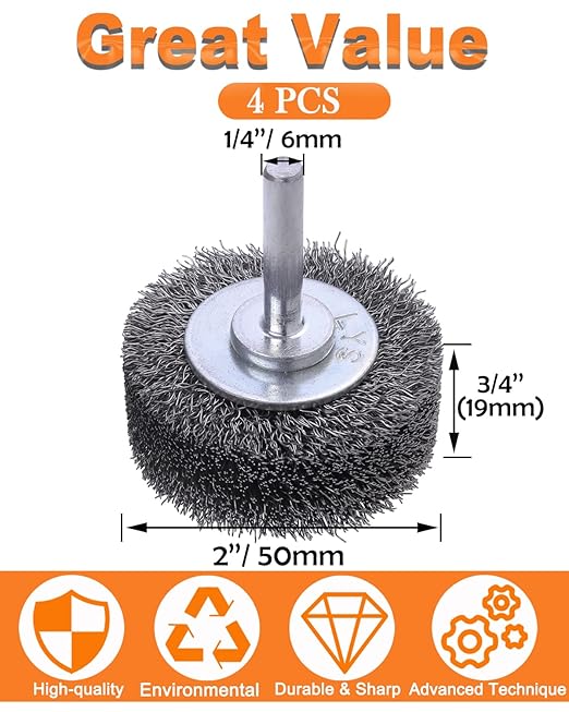 2 Inch Wire Wheel Brush Wire Wheel Brush for Drill Attachment,Rocaris 4 Pack Heavy Duty Wire Brushes Removal Paint Rust & Corrosion, 0.0118" Carbon Steel Wire, 1/4in Shank, 20000RPM