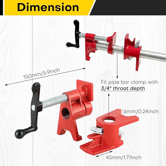 3/4" Wood Gluing Pipe Clamp Set | Professional Woodworking and Metalworking Clamps Tools with Unique Foot Design for Frame Assembly, Quick Release and Precision Gluing (8Pack，3/4")
