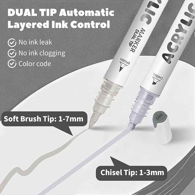 White Gray Acrylic Paint Pens, Water Based 12 Colors Dual Tip Acrylic Paint - Image 3