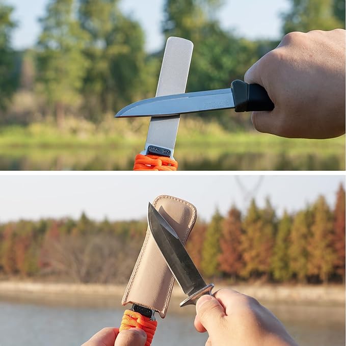 SHARPAL 181N Dual-Grit Diamond Sharpening Stone File Garden Tool Knife Sharpener with Leather Strop Coarse 325 / Extra Fine 1200 Grit for Lawn Mower Blade, Axe, Hatchet, Hedge Shears, Chisels, Drills
