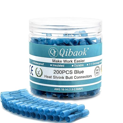 Qibaok 200 PCS Heat Shrink Butt Connectors, Waterproof Insulated Electrical Wire Crimp Connectors Butt Splice Terminal for Automotive Marine Boat Truck Trailer Stereo