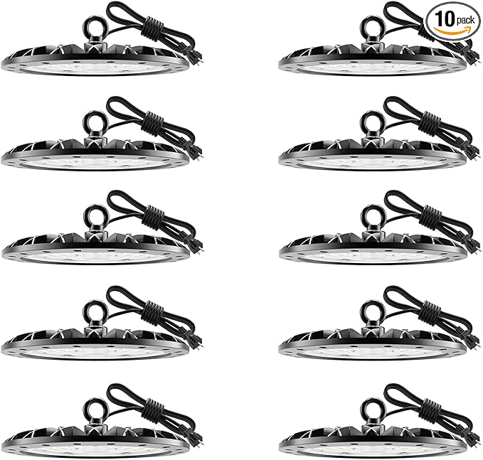 loyal 10 Packs 100W UFO LED High Bay Light, 10000LM LED High Bay Shop Light, 6000K Daylight LED Bay Light with 1.2M Cable US Plug, Commercial High Bay Lighting for Warehouse Workshop Garage Factory