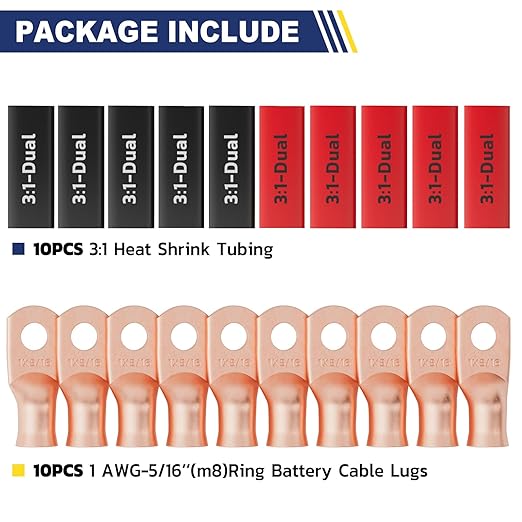 haisstronica 10pcs 1 AWG - 5/16" (M8) Battery Cable Lugs, Heavy Duty Copper Wire Lugs with 10pcs 3:1 Adhesive Heat Shrink Tubing, 1 Gauge Wire Connectors Battery Terminal Connector, Battery Cable Ends