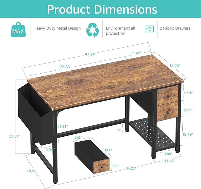 Lufeiya Computer Desk with Fabric Drawers, 47 Inch Desk - Image 3