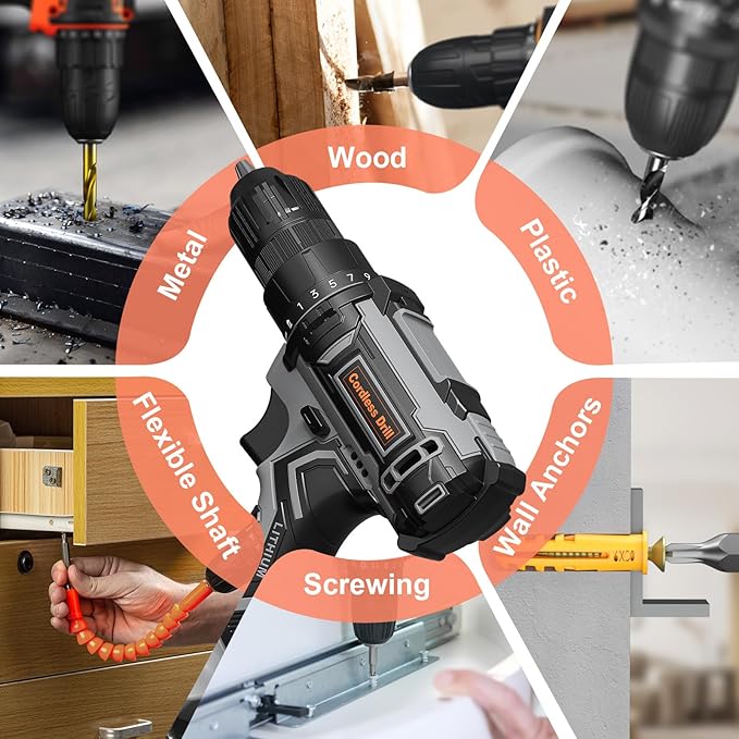 Cordless Drill, 20V Power Drill, Double 2000mAh Power Pack Electric Drills, Cordless Drills with Power Pack and Charger, 3/8" Keyless Chuck Screwdriver with 25+1 Max 370 In-lb Torque, 42Pcs Bits