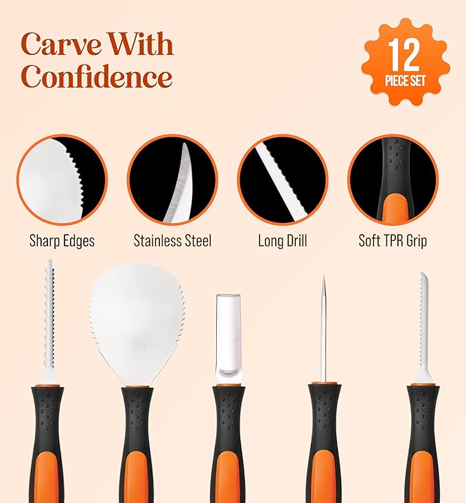 Pumpkin Carving Kit 12 pcs Orange- Halloween Pumpkin Carving Kit Case - Complete Pumpkin Carving Set With Saw Pumpkin Carving Knife - Halloween Pumpkin Carving Tools