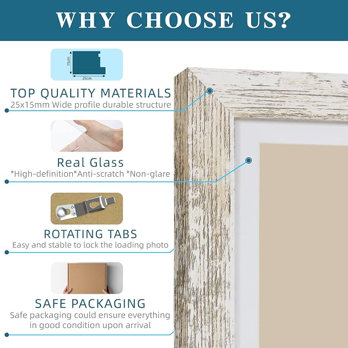 Hongkee 5x7 Picture Frame Set of 4, Made of Real Glass and Distressed White - Image 6