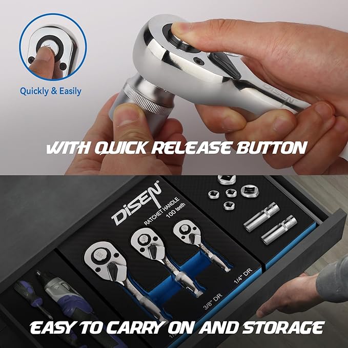 DISEN 3-Piece Stubby Ratchet Set – 1/4", 3/8", 1/2" Drive | 100-Tooth Ratchet with EVA Storage Tray | Quick Release Button | Non-Slip Grip | Reversible 3.6° Design for Tight Spaces, Chrome Finish