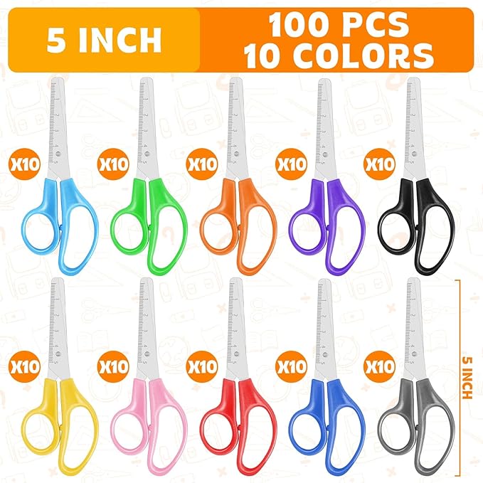 100Pack Kids Scissors Bulk, 5 Inch Scissor for School Student Teacher, Scissors Bulk Classroom Safety Scissor for Kindergarten Preschool Classroom Office Home Craft Cutting Paper