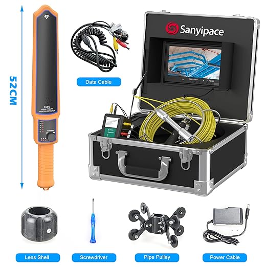 Sanyipace Sewer Camera with Locator 100 FT/30 M, Drain Pipe Inspection Camera with Detector, Waterproof Cámara Probe w/h 512Hz Transmitter, Distance Counter, 9" Color Screen, 16GB TF Card, 5mm Cable