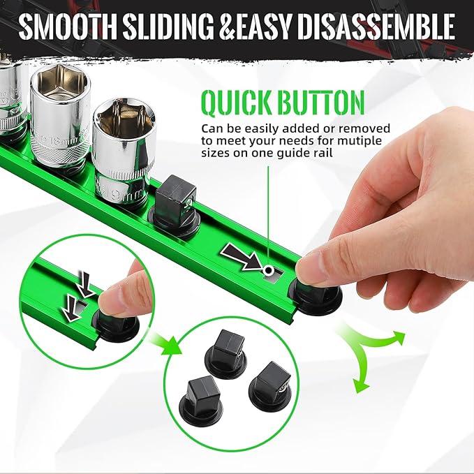 Magnetic Socket Organizer, 6-Piece Heavty Duty Aluminum Socket Holder, Socket Rail for Tool Box, Premium Quality 360° Swivel Socket Rack Kit with 80 Clips for 1/2, 3/8, 1/4-Inch(Black&Green)