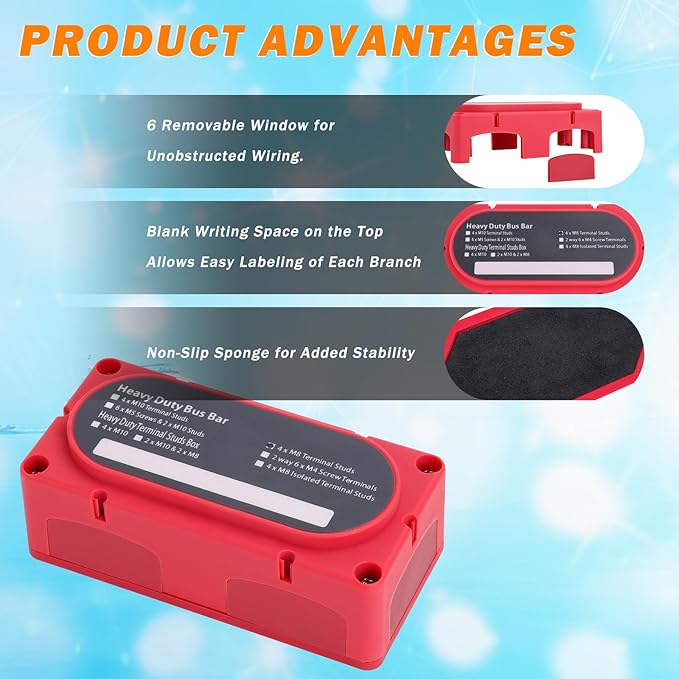 300A Heavy Duty Module Bus BAR, 12V 24V 48V DC Power Distribution Block with 4 x 5/16" (M8) Studs, Gift 12pcs Cable Lugs and 20pcs Heat Shrink Tubing - Marine Bus Bar (RED+)
