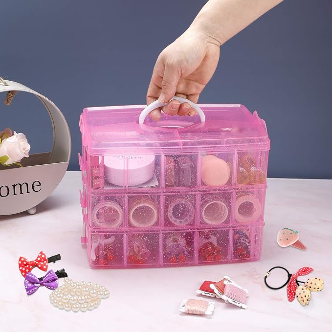 SGHUO Bead Organizers and Storage 3-Tier Pink Craft Container Stackable Box - Image 6