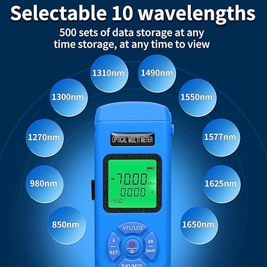 Rechargeable Optical Power Meter L-C70-50km mini Fiber Cable Tester Suitable for SC/FC/ST/LC Interface 4-in-1 Function Built-in 50km Visual Fault Locator RJ45 Network Testing with 1 FC-LC Adapter
