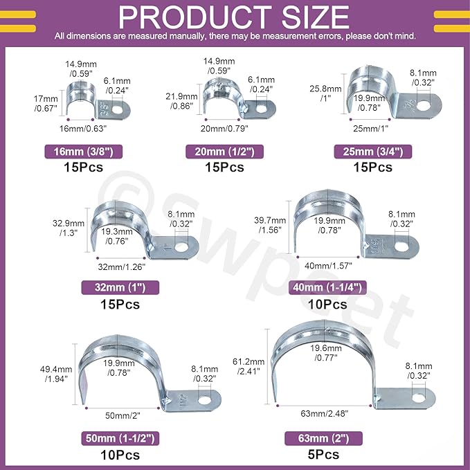 Swpeet 85Pcs 7 Size Zinc Plated One Hole EMT Pipe Strap Assortment Kit, Pipe Straps U Bracket Tube Strap Pipe Clamp 1 Hole Snap On Pipe Strap Conduit Clamps Tension Clips for Fixing EMT Conduit Pipe