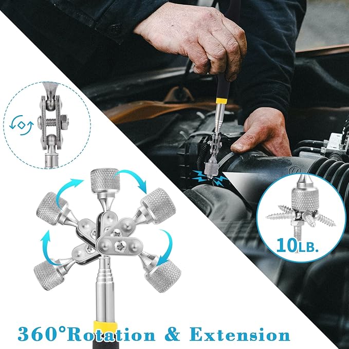 5 Pieces Telescoping Magnetic Pickup Tool Set, 1.5LB 15LB Pick-up Rod, 3.5LB 8LB Tools with LED Light, 10LB 360° Swivel Picker, Strong Magnet Stick Kit for Men Father Gift