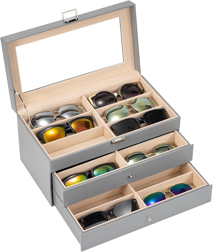 ProCase 3-layer Sunglasses Storage Organizer, 18 Slots Leather Sunglass Box by ProCase