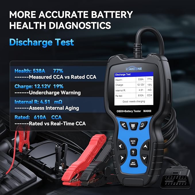 MA900 Battery Tester + OBD2 Scanner 2 in 1, 12V 24V 100-2000CCA Accurate & Instant Battery Health Diagnostic Tool with OBFCM Test I/M Test, Charging & Cranking Analyzer for Car, Motorcycle