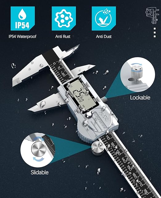 Digital Caliper 12 Inch, (ABS) Absolute Scale Caliper, IP54 Caliper Measuring Tool, Inch/MM/Fraction, Auto-Off LCD Stainless Steel Waterproof Micrometer Vernier Caliper, Feeler Gauges
