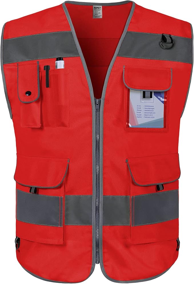 TCCFCCT Reflective Safety Vest 9 Pockets High Visibility Vest for Men Women, Hi Vis Reflective Work Vest for Safety, Meets ANSI/ISEA Standards, (Red, XX-Large)