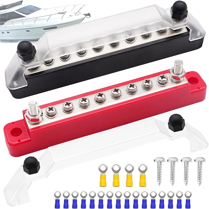 150A 12V Bus Bar Marine, 1/4" Power Distribution Block, Battery Buss Bar, Automotive Busbar Terminal Block for Car and Boat, 2 x 1/4" Posts, 8 x #8 Screws Terminals (Black+Red)